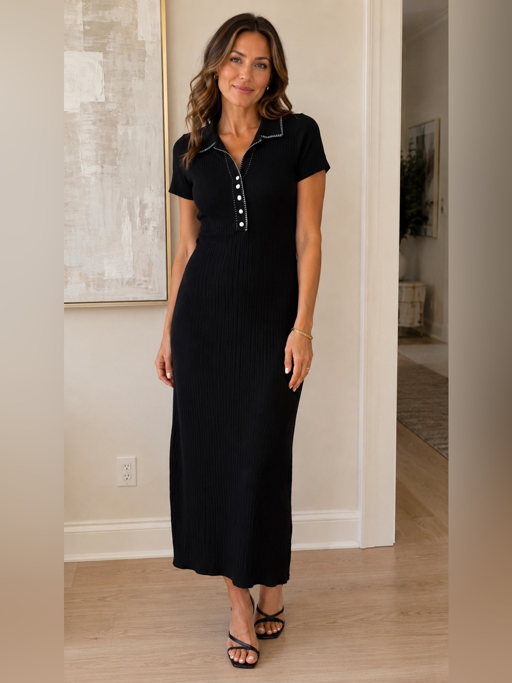 Caroline Constas NWT  Black Ribbed Midi Dress with Button Placket, Size Small
